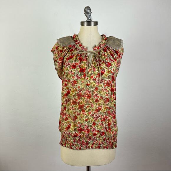 Anthropologie Tiny Floral Capped Sleeve Top - Picture 1 of 11